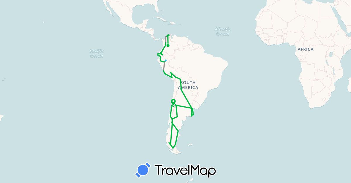 TravelMap itinerary: bus, plane, hiking, boat in Argentina, Bolivia, Chile, Colombia, Ecuador, Peru (South America)